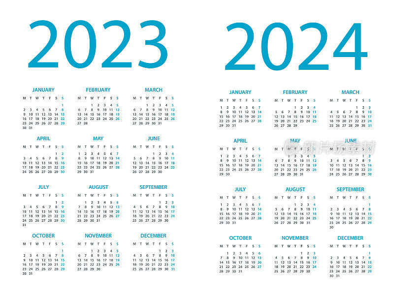 日历2023 2024 -简单布局插图。一周从周一开始。日历设定为2023年2024年